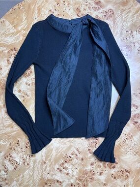 Black Tie-Neck Ribbed Sweater